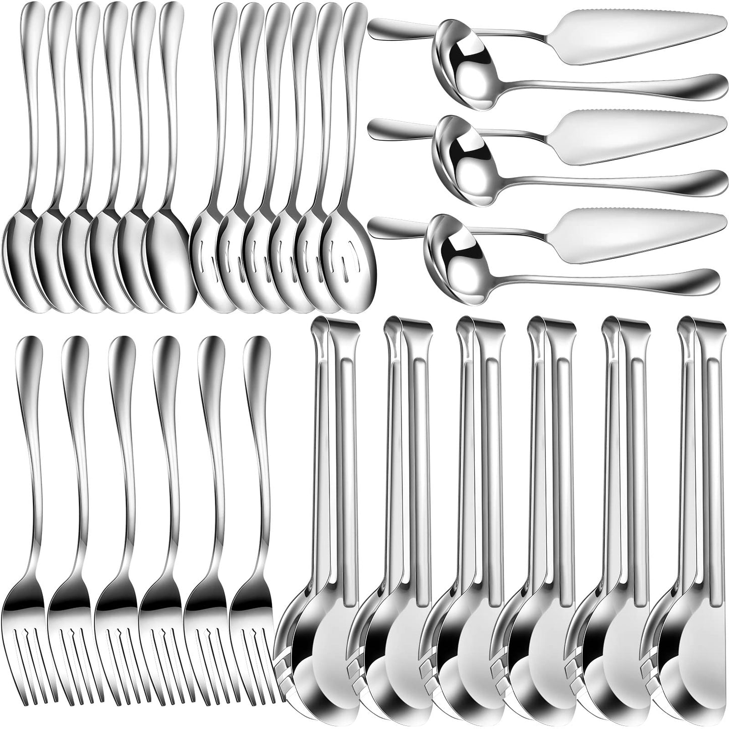 30-Piece Stainless Steel Serving Utensils Set with Spoons, Forks & Tongs