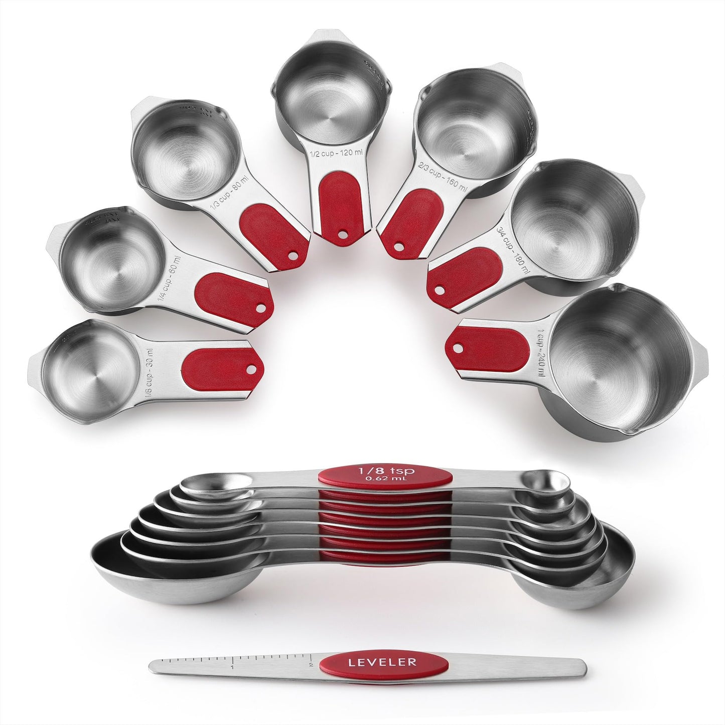 Stainless Steel Measuring Cups & Spoons Set with Magnetic Handles for Cooking