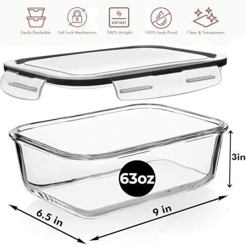 Razab 4 PC 1860ml / 63 Oz / 8 Cups Large Glass Food Storage Containers with Lids - Glass Meal Prep Containers for Roasting & Storing Leftover, Lunch Container with Lids, Microwave & Oven Safe