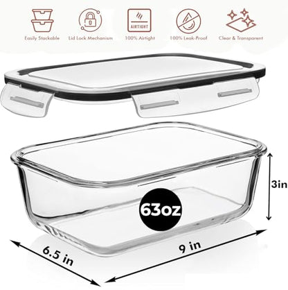 Razab 4 PC 1860ml / 63 Oz / 8 Cups Large Glass Food Storage Containers with Lids - Glass Meal Prep Containers for Roasting & Storing Leftover, Lunch Container with Lids, Microwave & Oven Safe