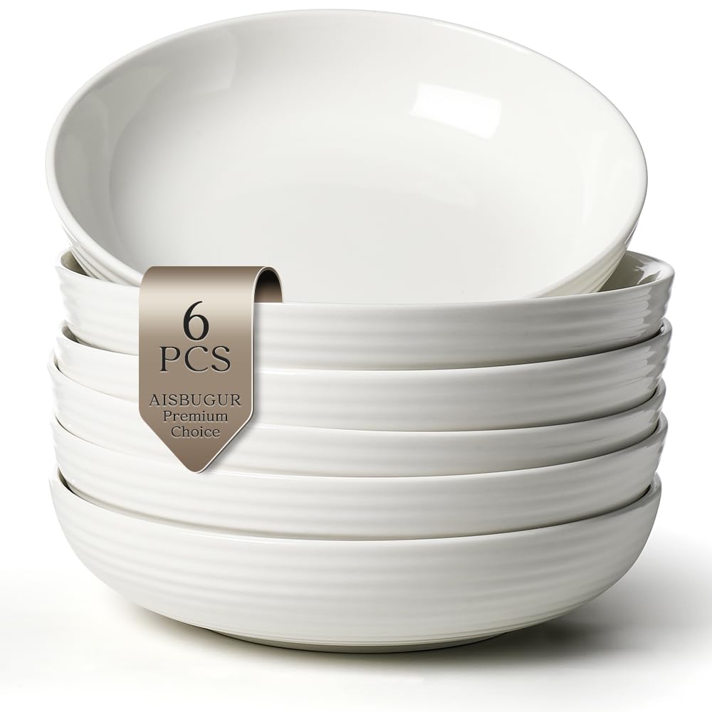 6-Piece Ceramic Pasta Bowls with Wide Shallow Design for Dining & Serving