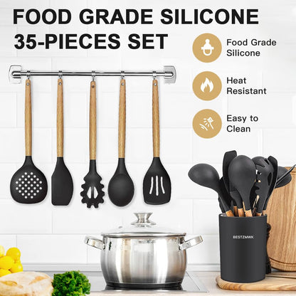 35-Piece Silicone Kitchen Utensils Set with Tongs, Spatulas & Gadgets
