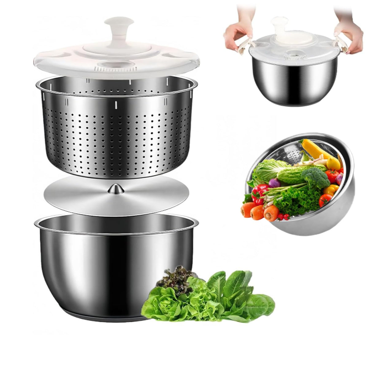 6L Stainless Steel Salad Spinner with Non-Slip Base and Strainer
