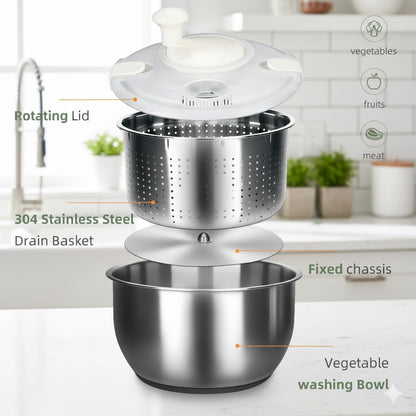 6L Stainless Steel Salad Spinner with Non-Slip Base and Strainer