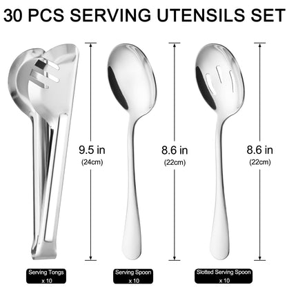 30-Piece Stainless Steel Serving Utensils Set with Spoons and Tongs