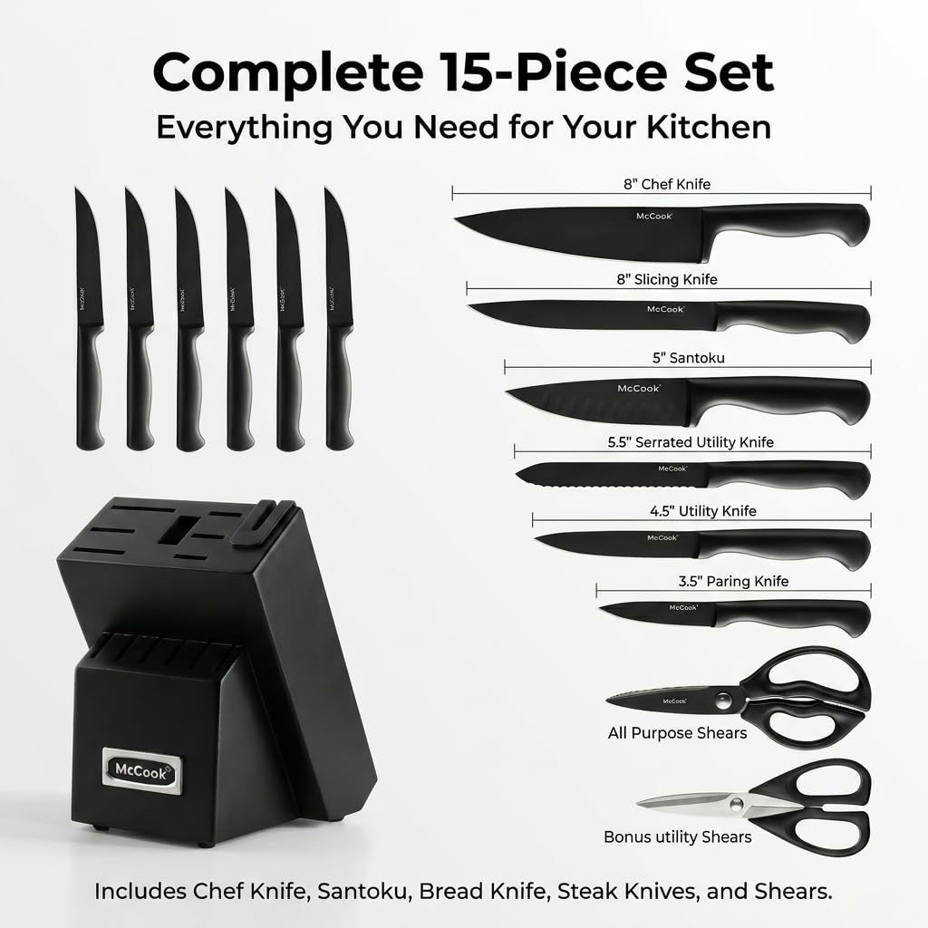 German Stainless Steel Kitchen Knife Set with Block and Built-In Sharpener