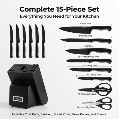 German Stainless Steel Kitchen Knife Set with Block and Built-In Sharpener