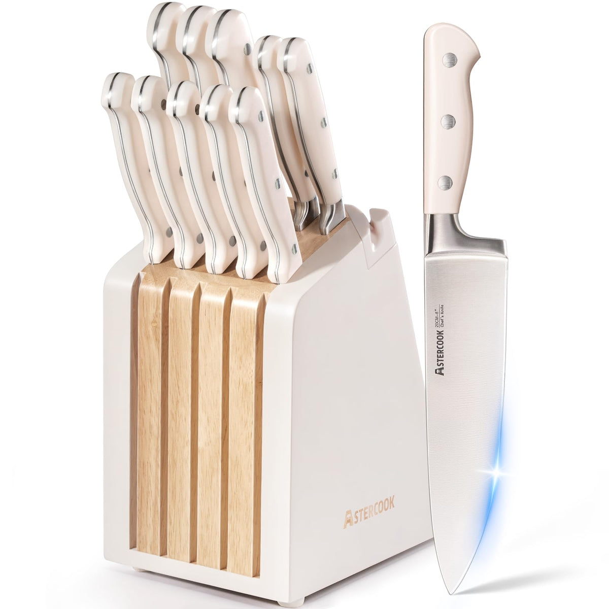 Kitchen Knife Set with Block, Full Tang Stainless Steel Knives & Sharpener