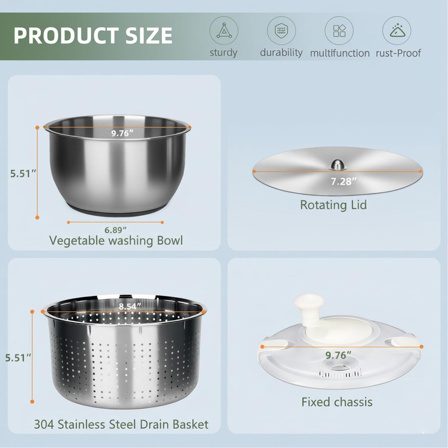6L Stainless Steel Salad Spinner with Non-Slip Base and Strainer