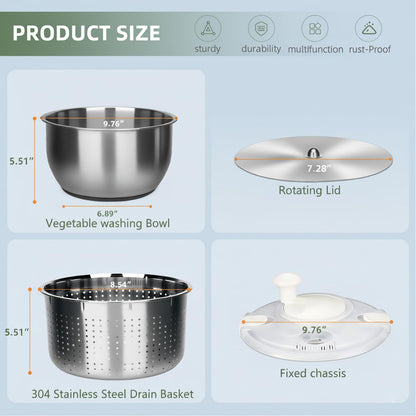6L Stainless Steel Salad Spinner with Non-Slip Base and Strainer
