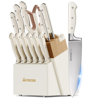 Kitchen Knife Set with Block, Full Tang Stainless Steel Knives & Sharpener