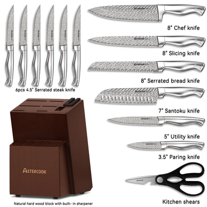 Kitchen Knife Set with Block and Built-In Sharpener Stainless Steel