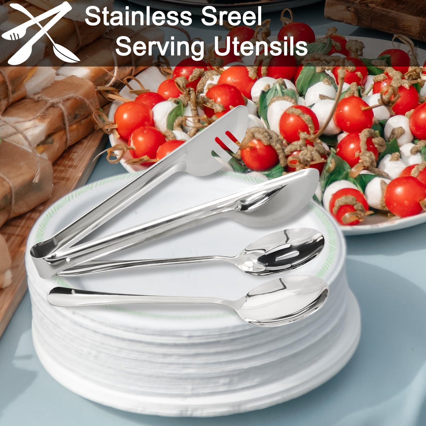 30-Piece Stainless Steel Serving Utensils Set with Spoons and Tongs