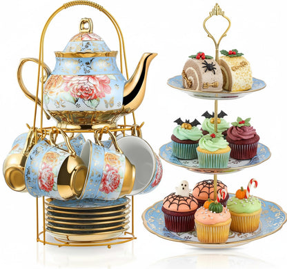 21-Piece Porcelain Tea Set with Teapot, Cups & Cake Stand for Entertaining