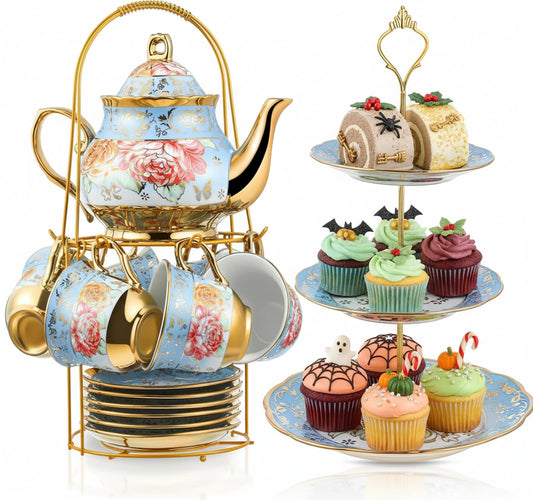 21-Piece Porcelain Tea Set with Teapot, Cups & Cake Stand for Entertaining