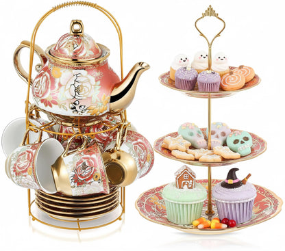 21-Piece Porcelain Tea Set with Teapot, Cups & Cake Stand for Entertaining