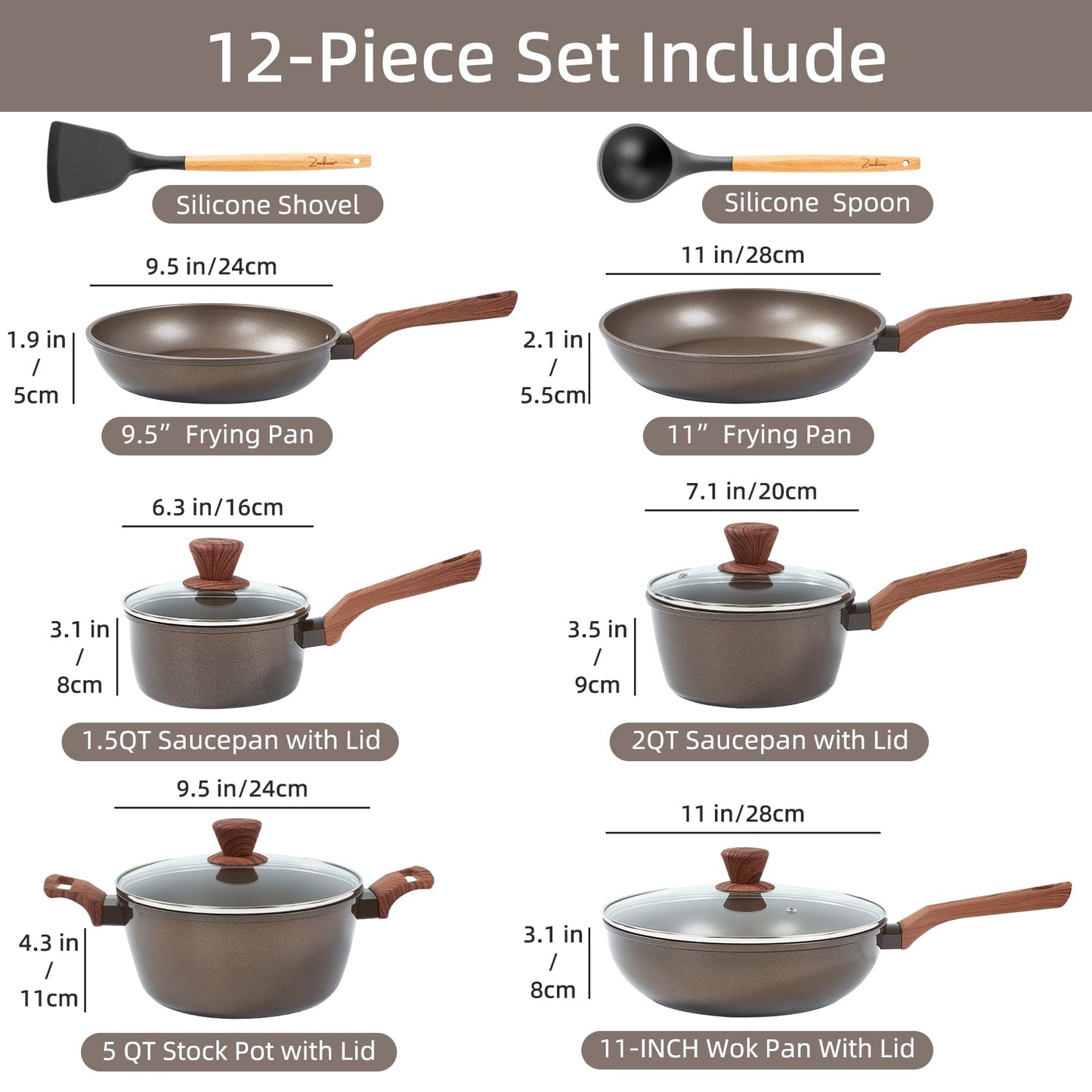12-Piece Nonstick Pots & Pans Set with Frying Pan & Steamer