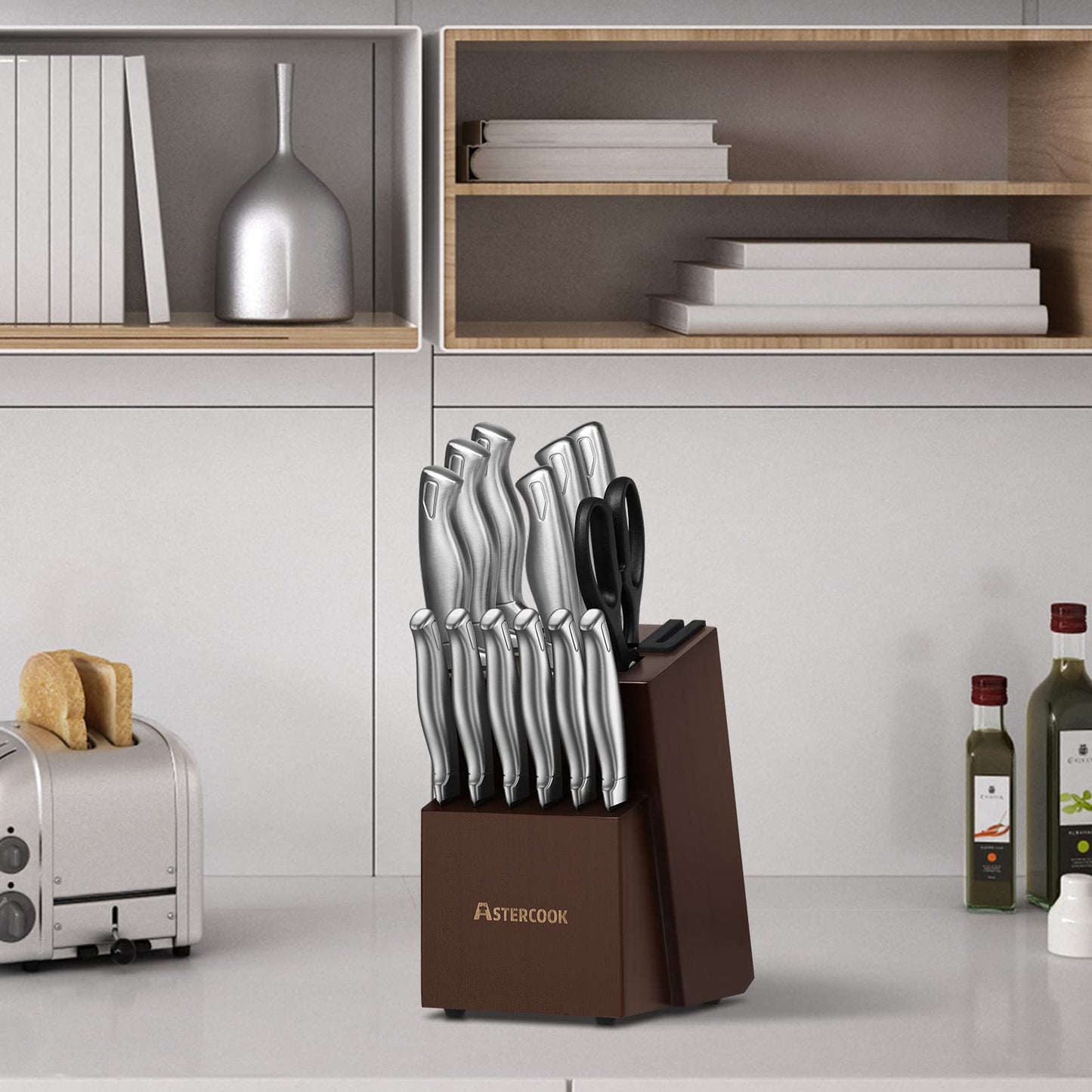 Kitchen Knife Set with Block and Built-In Sharpener Stainless Steel
