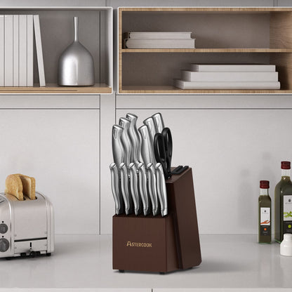Kitchen Knife Set with Block and Built-In Sharpener Stainless Steel