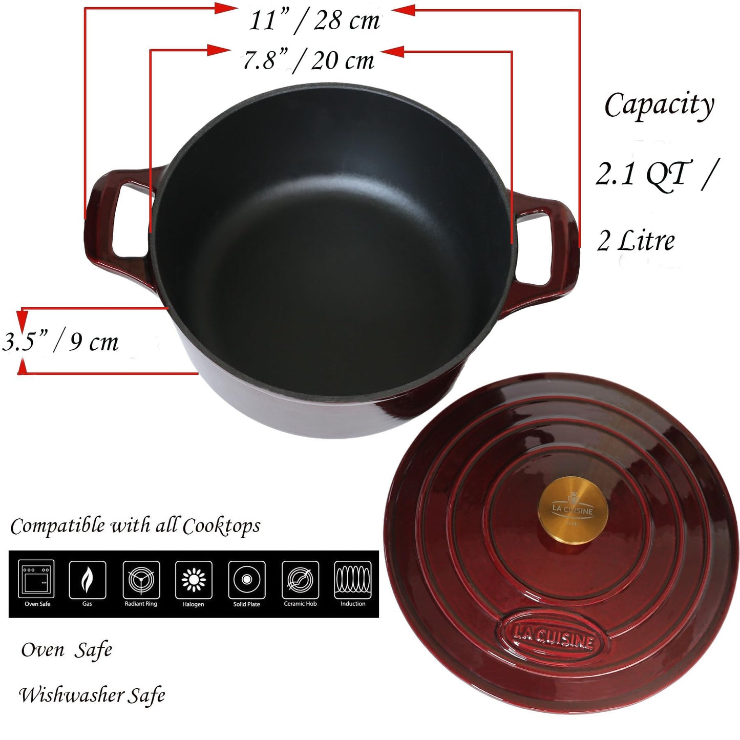 La Cuisine Premium Enameled Cast Iron Cookware,Dutch Oven, Casserole. Pan.