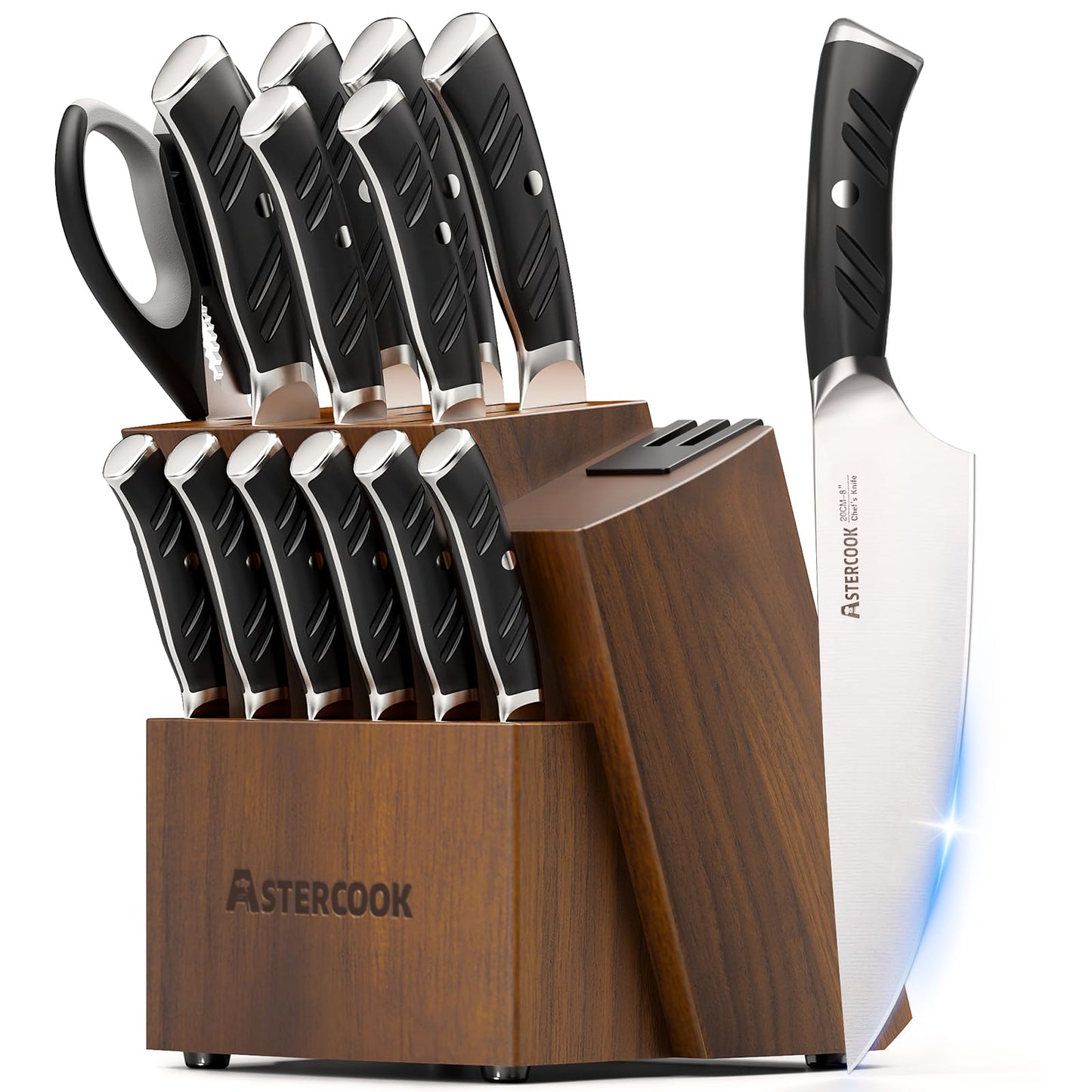 15-Piece Stainless Steel Kitchen Knife Set with Block and Dual Sharpener
