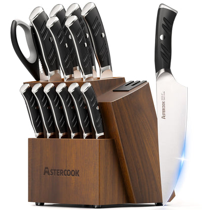 15-Piece Stainless Steel Kitchen Knife Set with Block and Dual Sharpener
