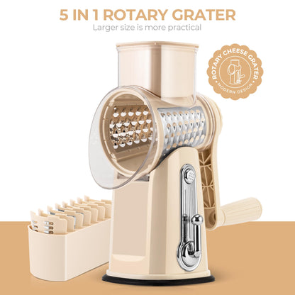 Rotary Cheese Grater with 5 Blades and Suction Base for Food Prep
