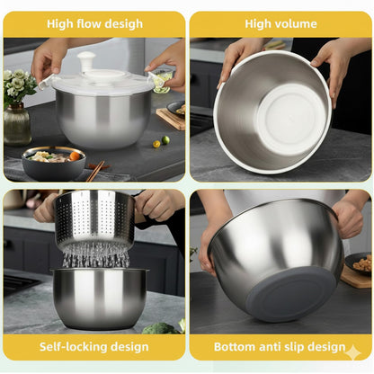 6L Stainless Steel Salad Spinner with Non-Slip Base and Strainer
