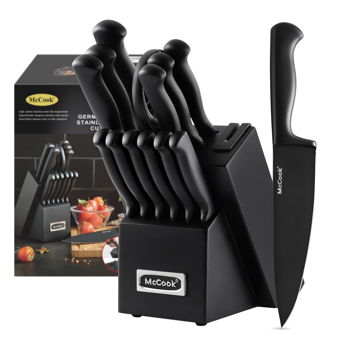 German Stainless Steel Kitchen Knife Set with Block and Built-In Sharpener