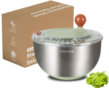 Lunememo Stainless Steel Salad Spinner, Quick Dry & Stop, BPA Free, 5.3 Qt