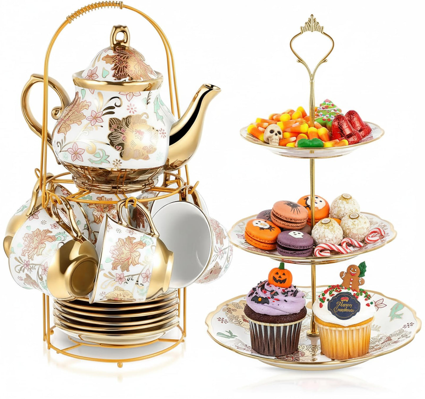 21-Piece Porcelain Tea Set with Teapot, Cups & Cake Stand for Entertaining