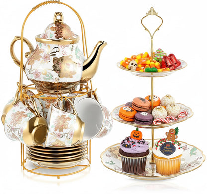 21-Piece Porcelain Tea Set with Teapot, Cups & Cake Stand for Entertaining
