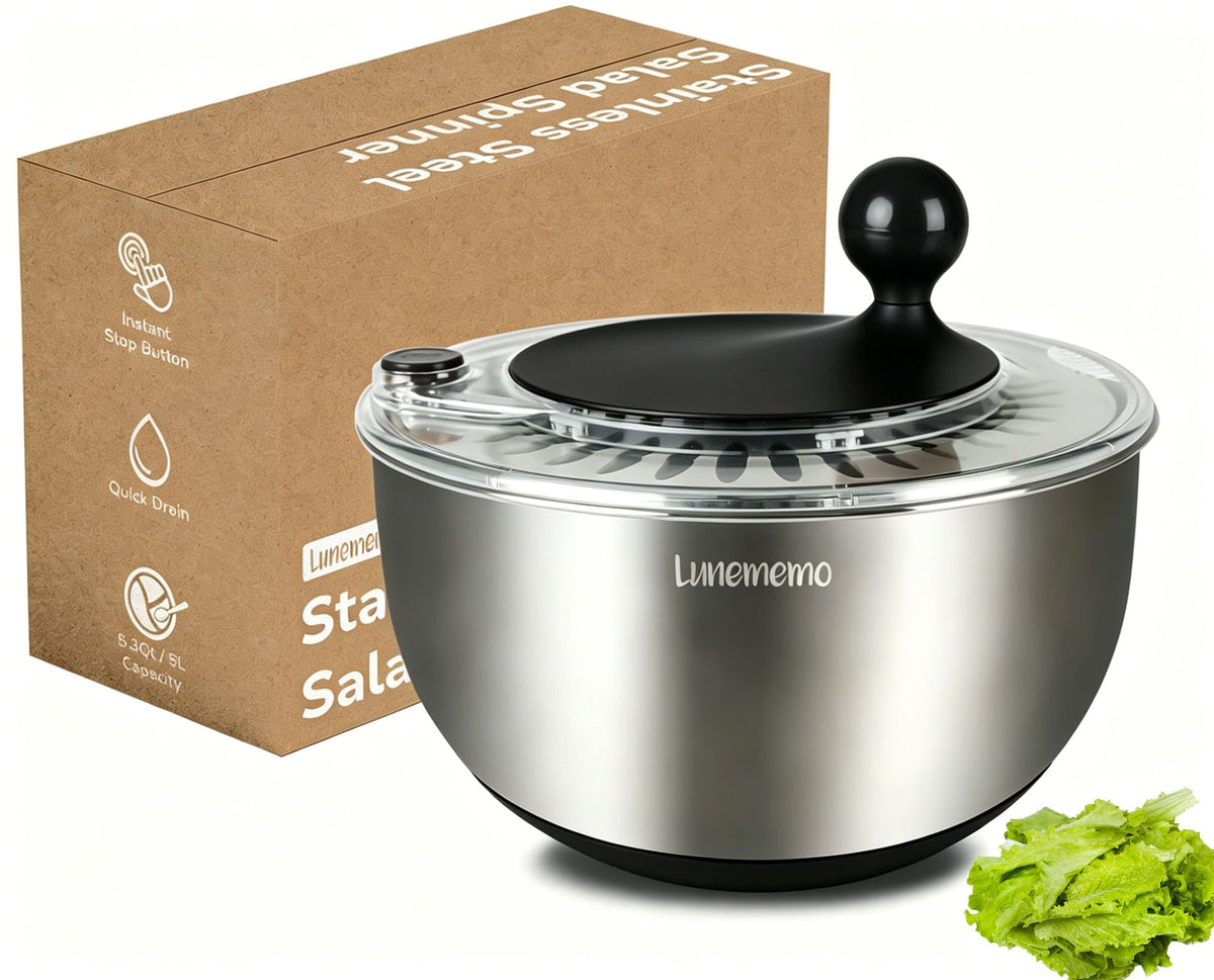 Lunememo Stainless Steel Salad Spinner, Quick Dry & Stop, BPA Free, 5.3 Qt