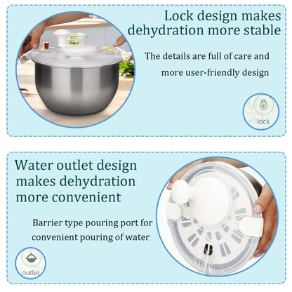 6L Stainless Steel Salad Spinner with Non-Slip Base and Strainer