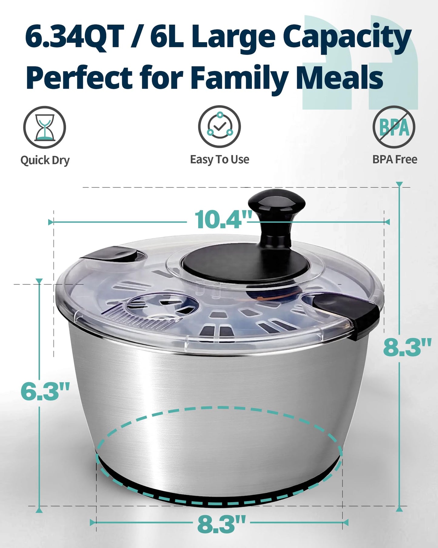 6.34Qt Stainless Steel Salad Spinner with Drain and Non-Slip Base