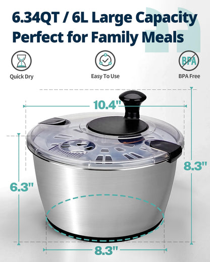 6.34Qt Stainless Steel Salad Spinner with Drain and Non-Slip Base