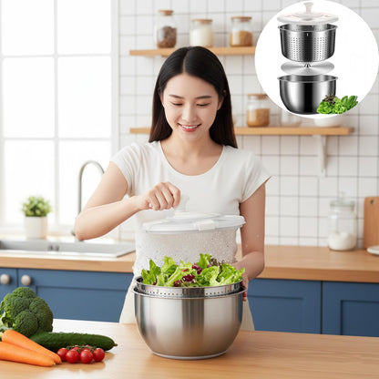 6L Stainless Steel Salad Spinner with Non-Slip Base and Strainer