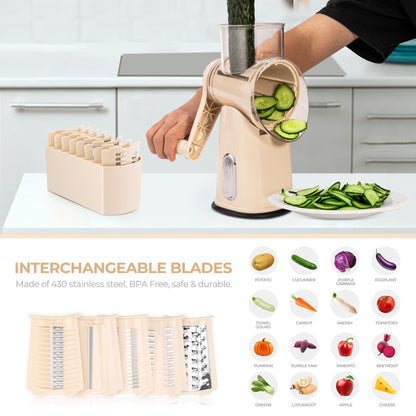 Rotary Cheese Grater with 5 Blades and Suction Base for Food Prep