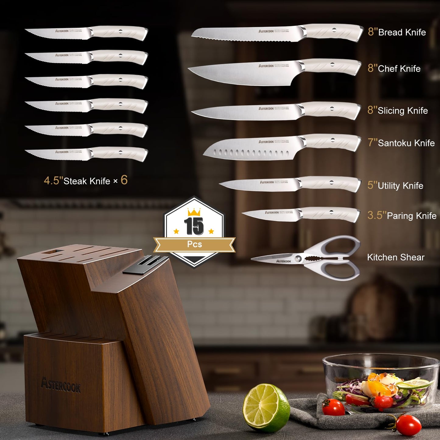 15-Piece Stainless Steel Kitchen Knife Set with Block and Dual Sharpener