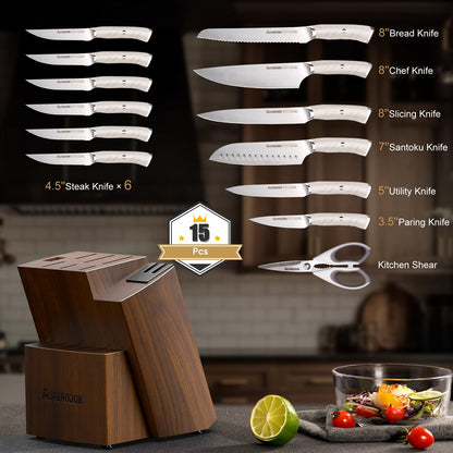 15-Piece Stainless Steel Kitchen Knife Set with Block and Dual Sharpener