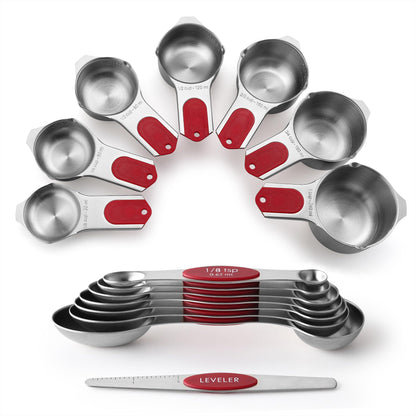 Stainless Steel Measuring Cups & Spoons Set with Magnetic Handles for Cooking