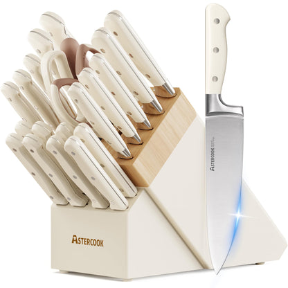 Kitchen Knife Set with Block, Full Tang Stainless Steel Knives & Sharpener
