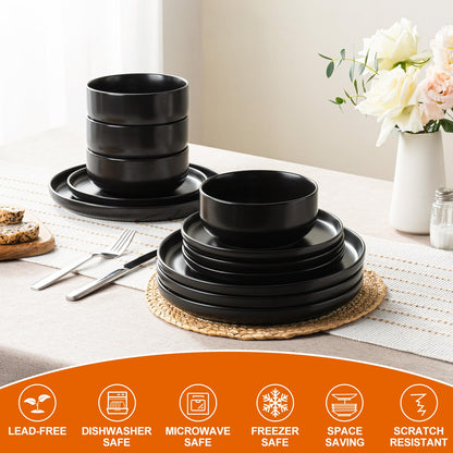12-Piece Stoneware Dinnerware Set with Plates and Bowls for 4
