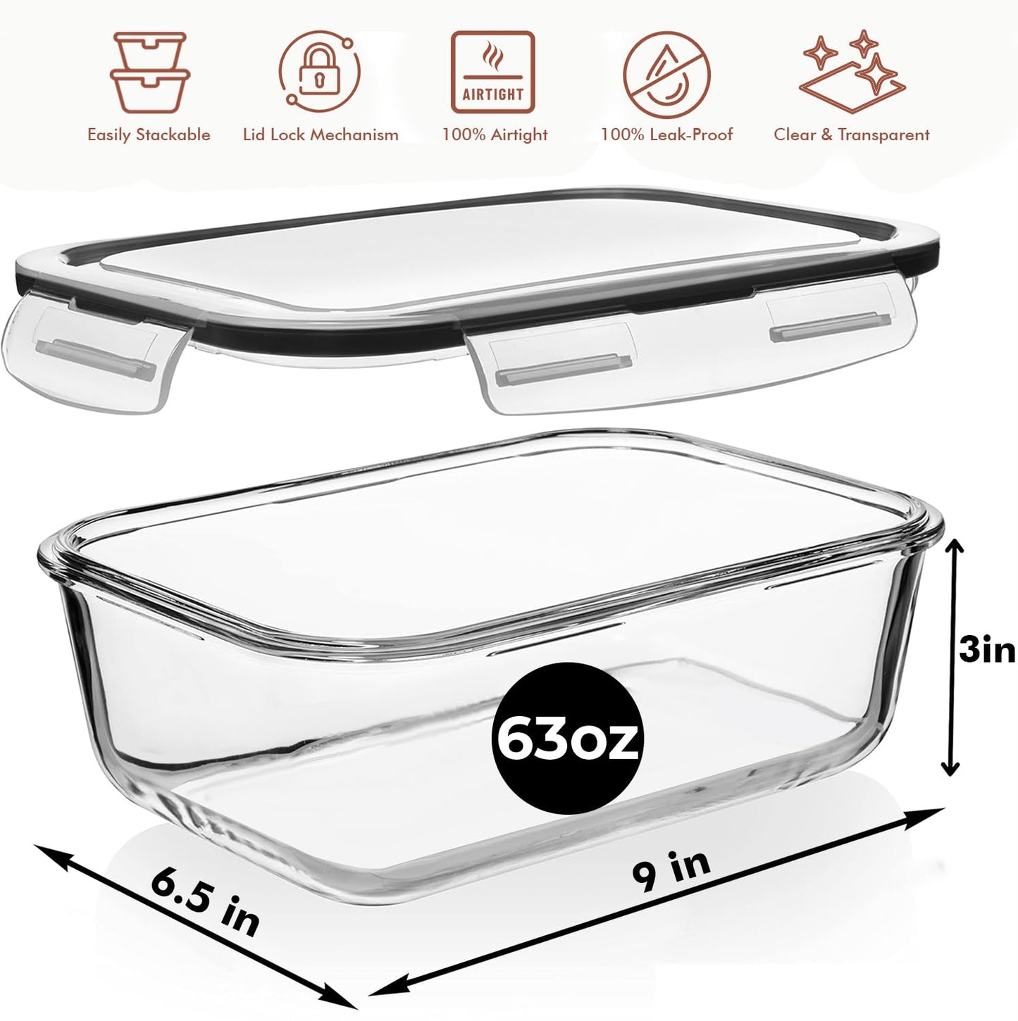 Razab 4 PC 1860ml / 63 Oz / 8 Cups Large Glass Food Storage Containers with Lids - Glass Meal Prep Containers for Roasting & Storing Leftover, Lunch Container with Lids, Microwave & Oven Safe