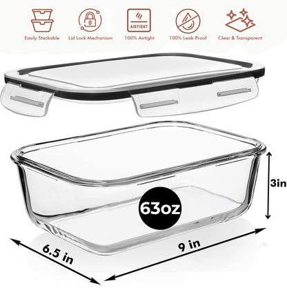 Razab 4 PC 1860ml / 63 Oz / 8 Cups Large Glass Food Storage Containers with Lids - Glass Meal Prep Containers for Roasting & Storing Leftover, Lunch Container with Lids, Microwave & Oven Safe