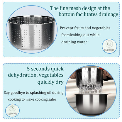 6L Stainless Steel Salad Spinner with Non-Slip Base and Strainer