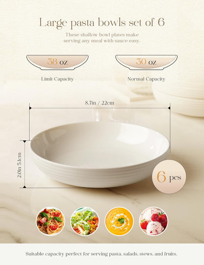 6-Piece Ceramic Pasta Bowls with Wide Shallow Design for Dining & Serving