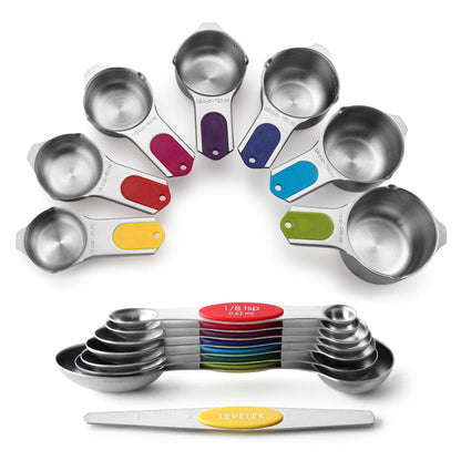 Stainless Steel Measuring Cups & Spoons Set with Magnetic Handles for Cooking