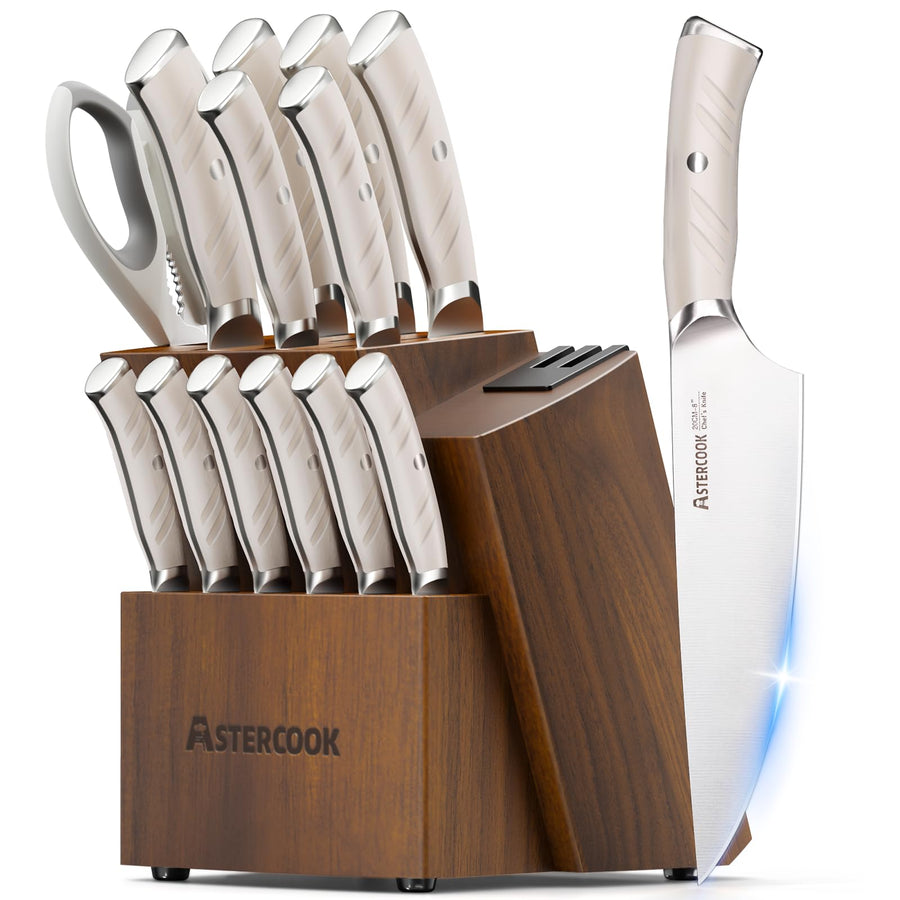 15-Piece Stainless Steel Kitchen Knife Set with Block and Dual Sharpener