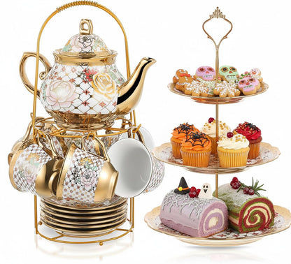 21-Piece Porcelain Tea Set with Teapot, Cups & Cake Stand for Entertaining